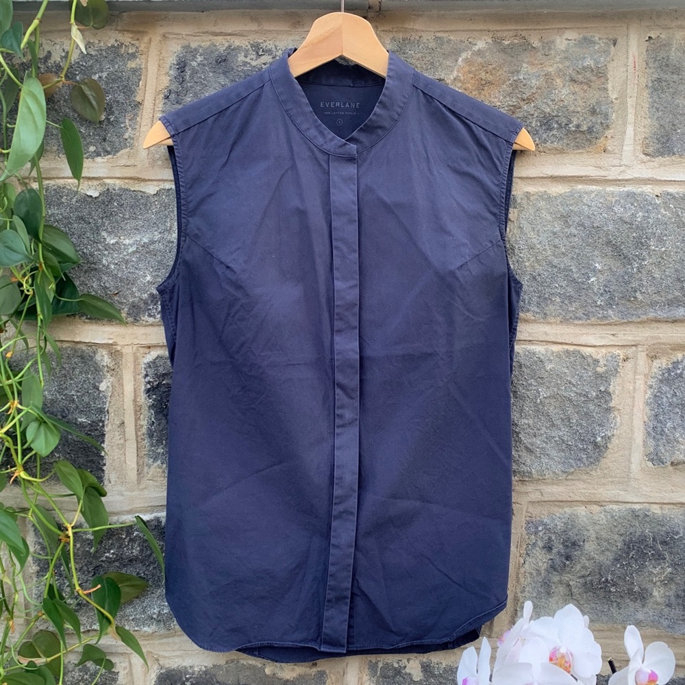 Everlane Navy Sleeveless Button Up Blouse